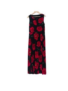 NWOT Enfocus Black Red Floral Long Spring Dress 14W Sleeveless Lined Stretch